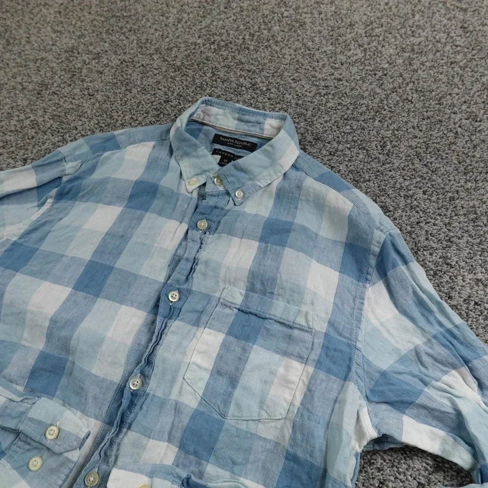 Banana Republic Shirt Mens M Blue Check Linen Chambray Button Up Long Sleeve Top
